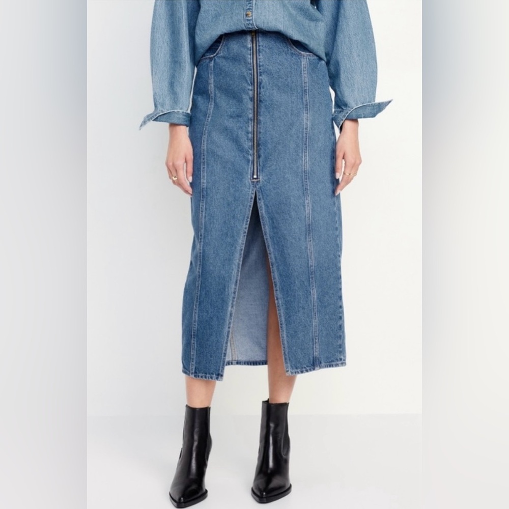 Old Navy Mid-Rise Denim Midi Skirt with Front Zippered Slit